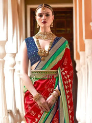 Stunning Red and Blue Patola Silk Printed Reception Saree with Blouse
