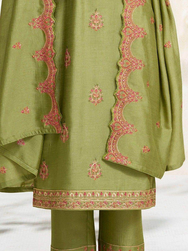 Captivating Green Embroidered Silk Traditional Pant Suit With Dupatta