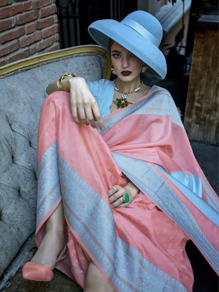 Ravishing Peach Handloom Weaving Silk Wedding Wear Saree With Blouse