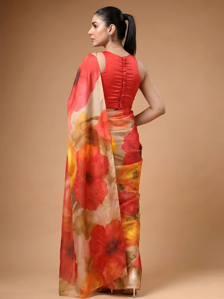 Captivating Multi Color Floral Printed Satin Event Wear Saree With Blouse