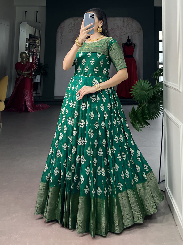 Marvelous Green Weaving Border Cotton Mehendi Wear Gown