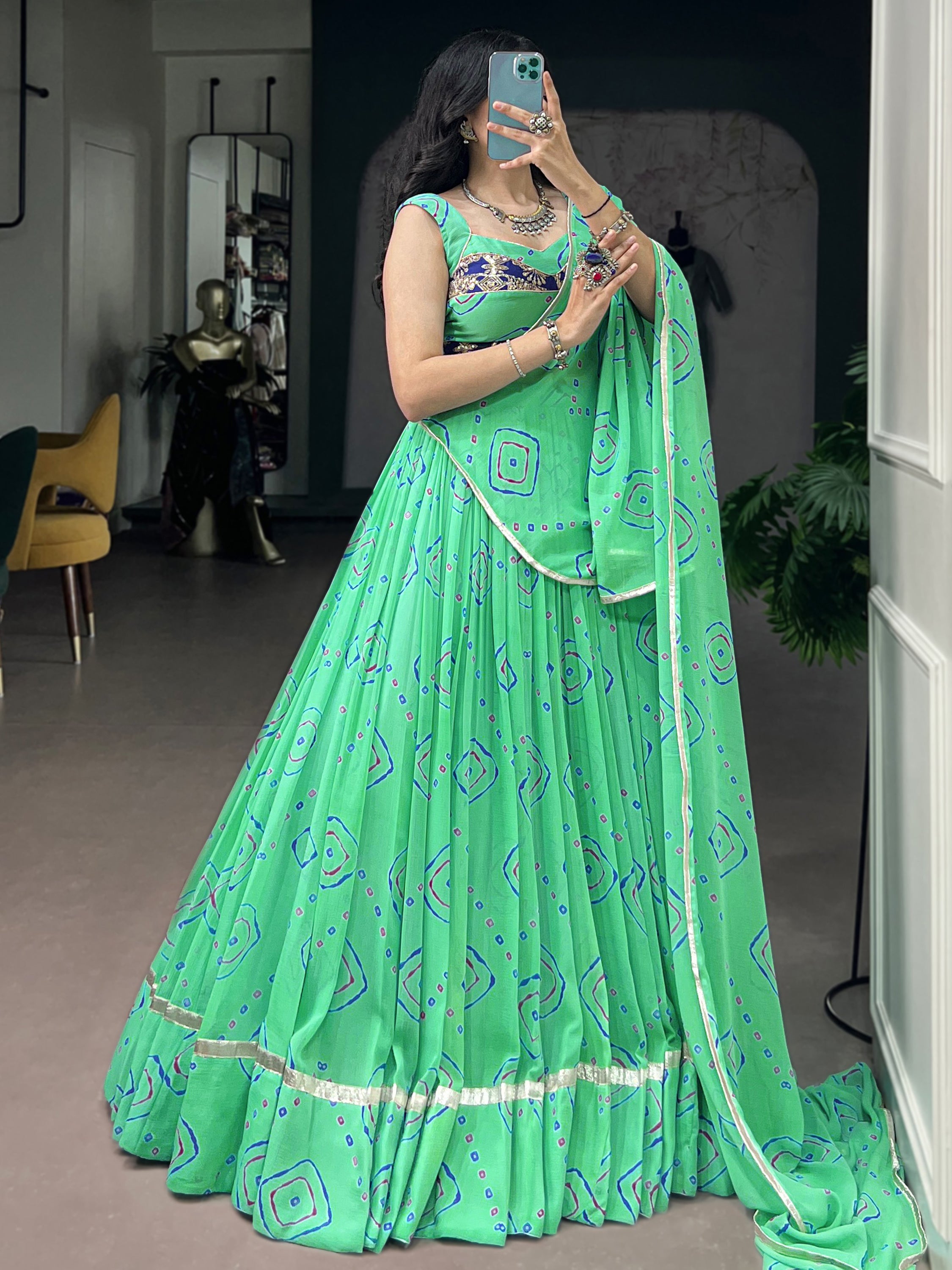 Classic Aqua Green Bandhej Printed Georgette Navratri Wear Lehenga Choli