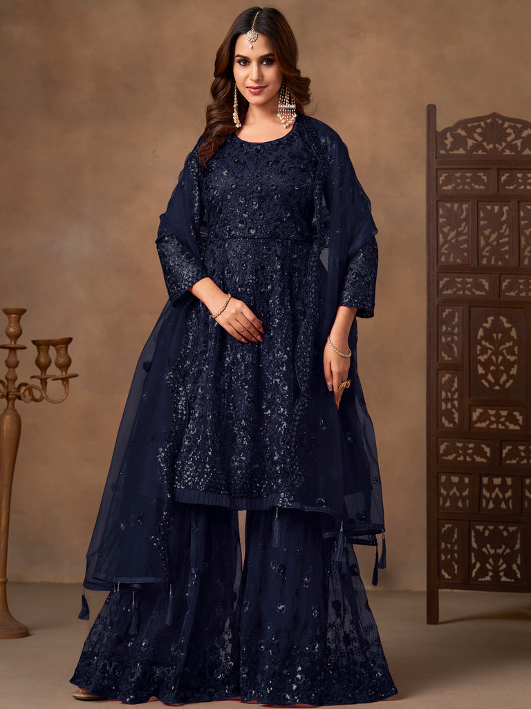 Beautiful Navy Blue Embroidered Net Wedding Wear Sharara Suit
