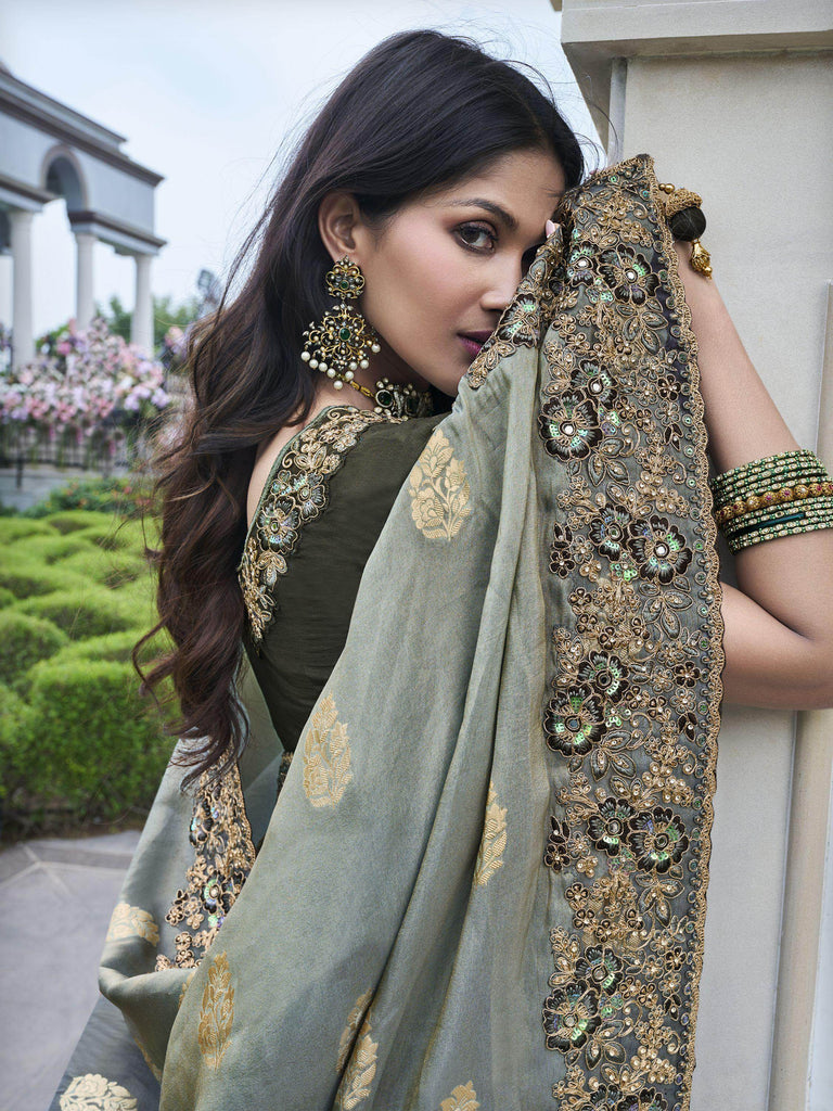 Beautiful Grey Embroidery Work Organza Silk Wedding Wear Saree