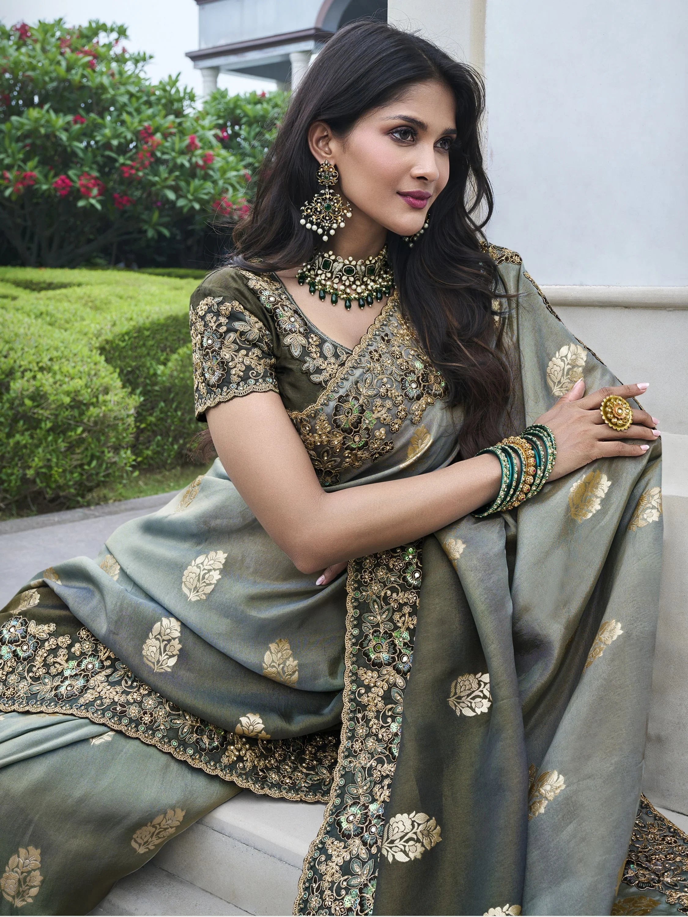 Beautiful Grey Embroidery Work Organza Silk Wedding Wear Saree