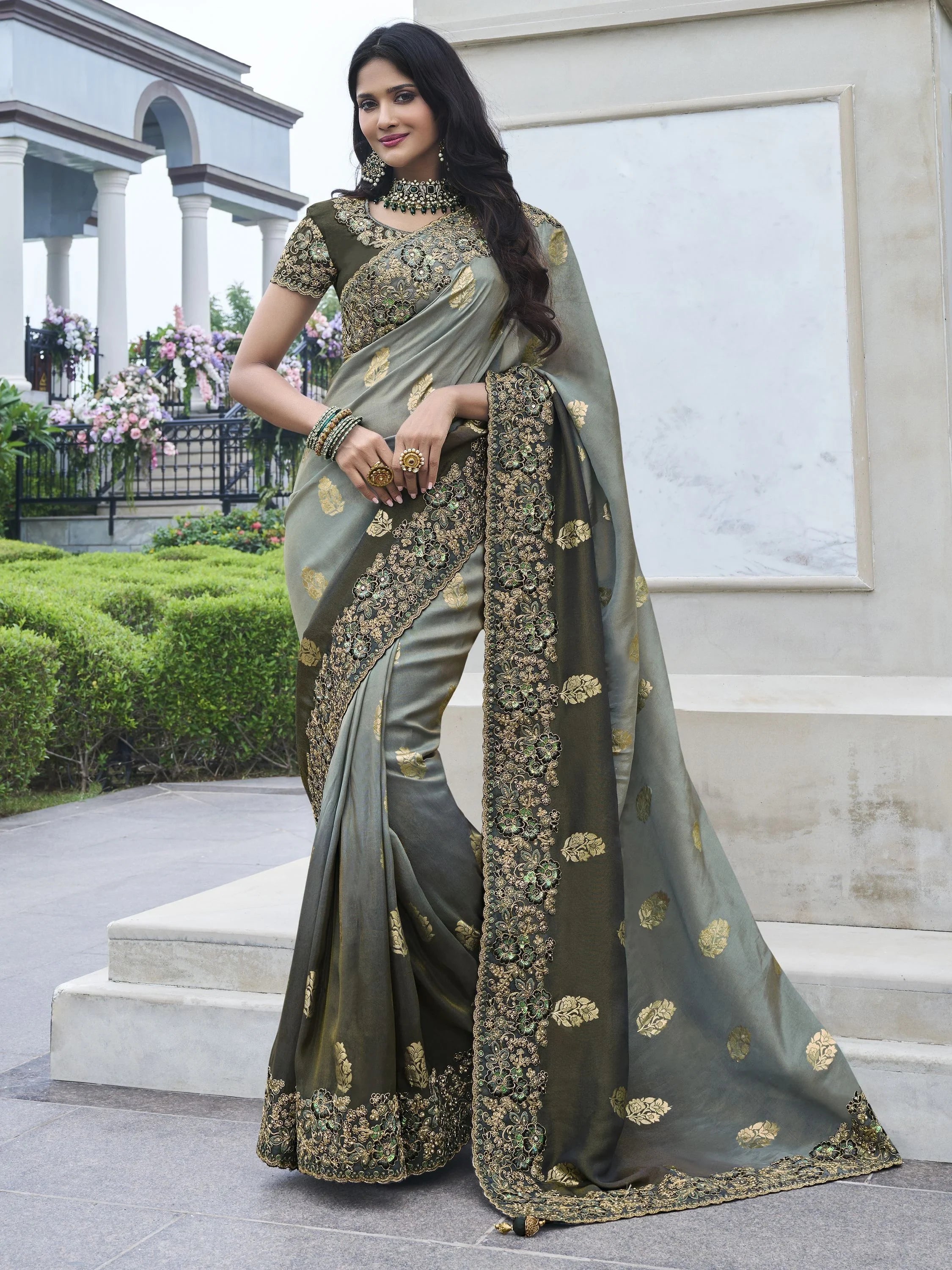 Beautiful Grey Embroidery Work Organza Silk Wedding Wear Saree