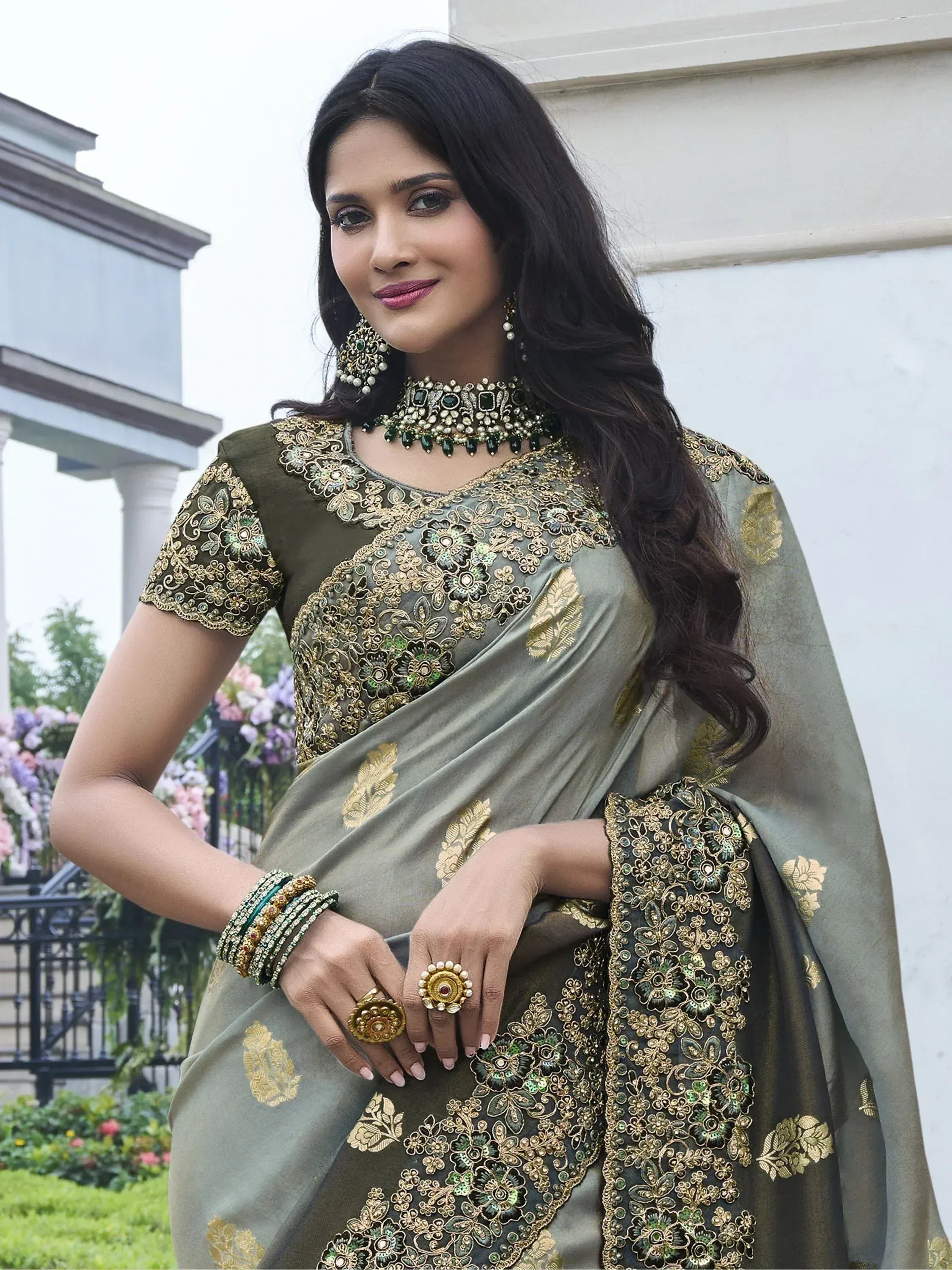 Beautiful Grey Embroidery Work Organza Silk Wedding Wear Saree