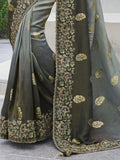 Beautiful Grey Embroidery Work Organza Silk Wedding Wear Saree