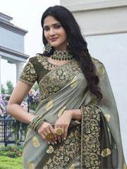 Beautiful Grey Embroidery Work Organza Silk Wedding Wear Saree