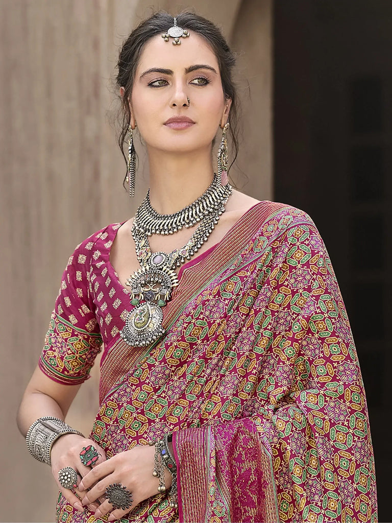 Amazing Wine Color Patola Printed Silk Event Wear Saree With Blouse