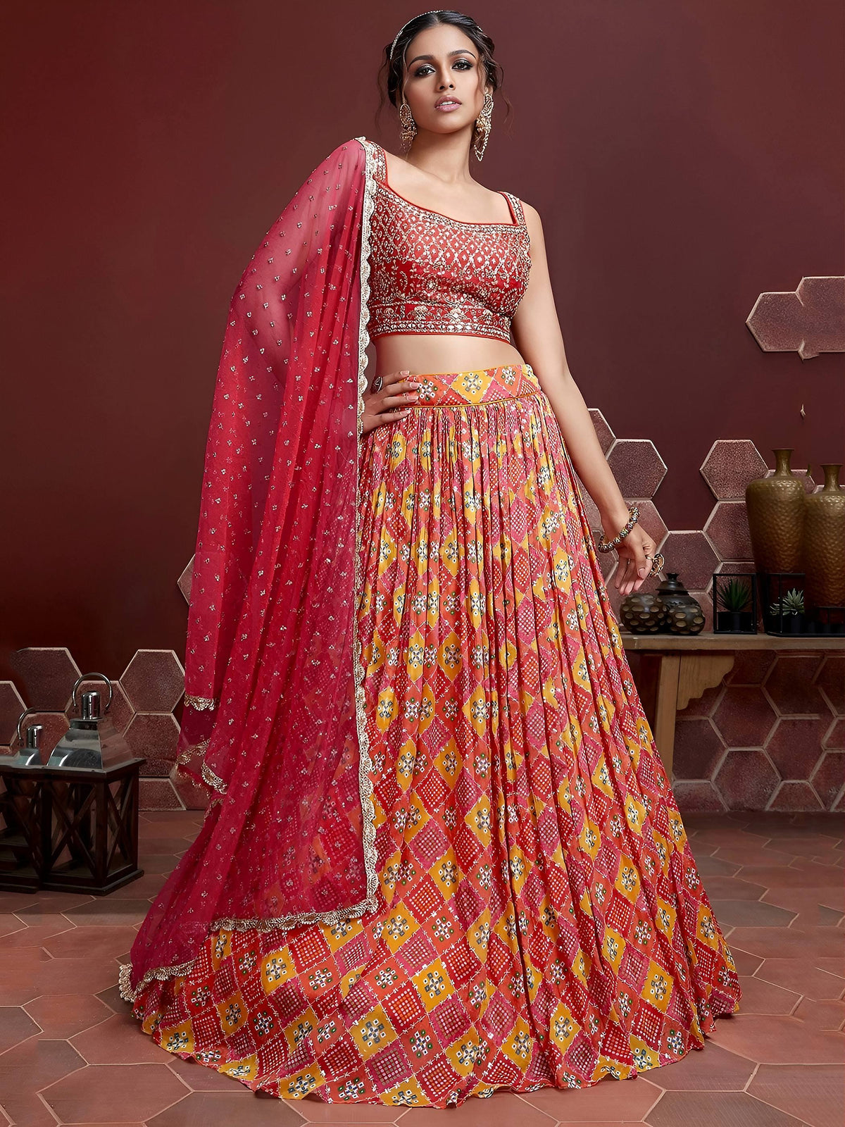Glamorous Red Chinon Digital Print Designer Wear Lehenga Choli