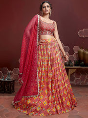 Glamorous Red Chinon Digital Print Designer Wear Lehenga Choli