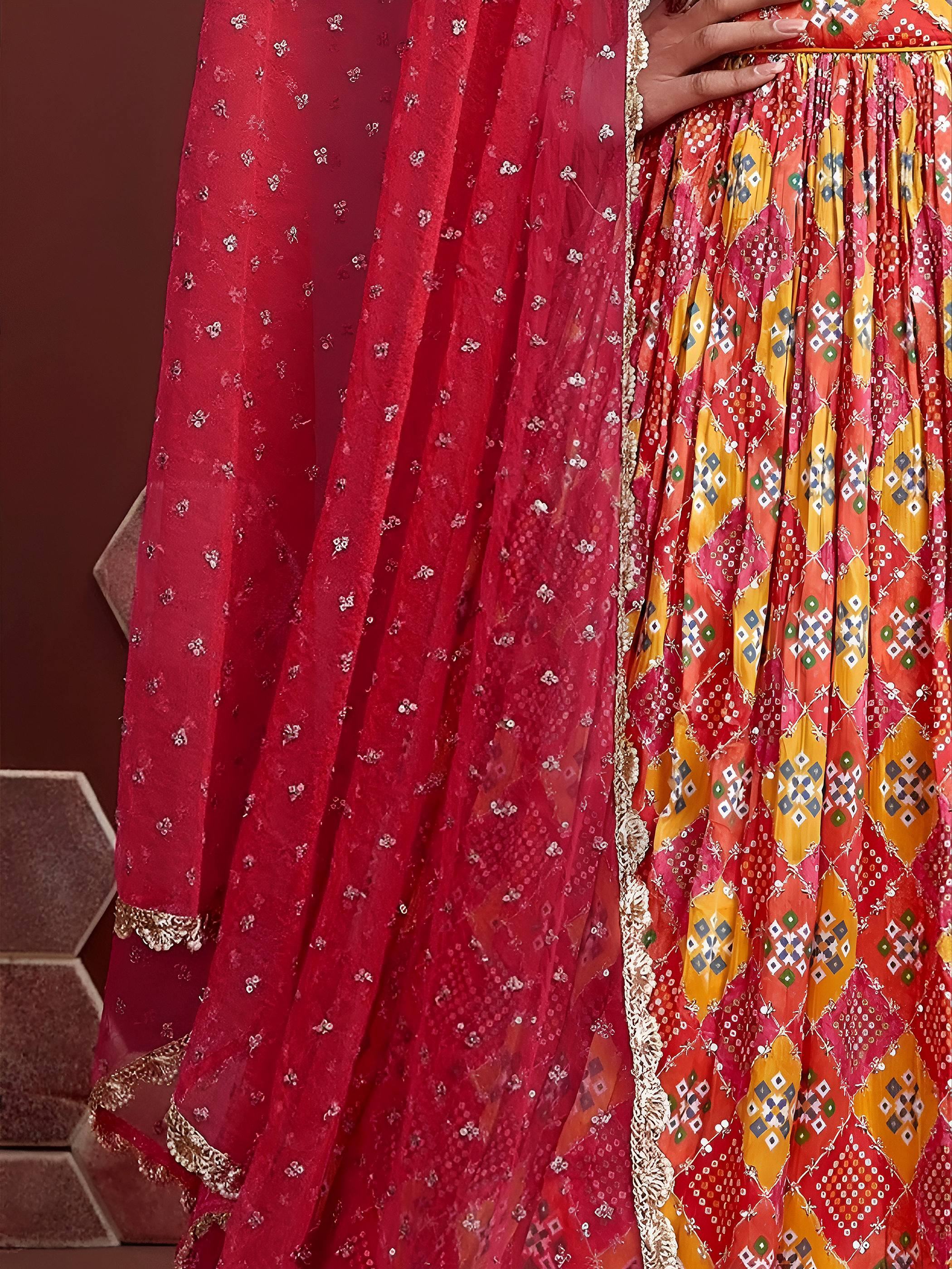 Glamorous Red Chinon Digital Print Designer Wear Lehenga Choli