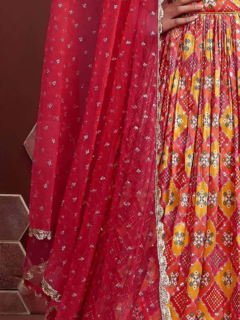 Glamorous Red Chinon Digital Print Designer Wear Lehenga Choli