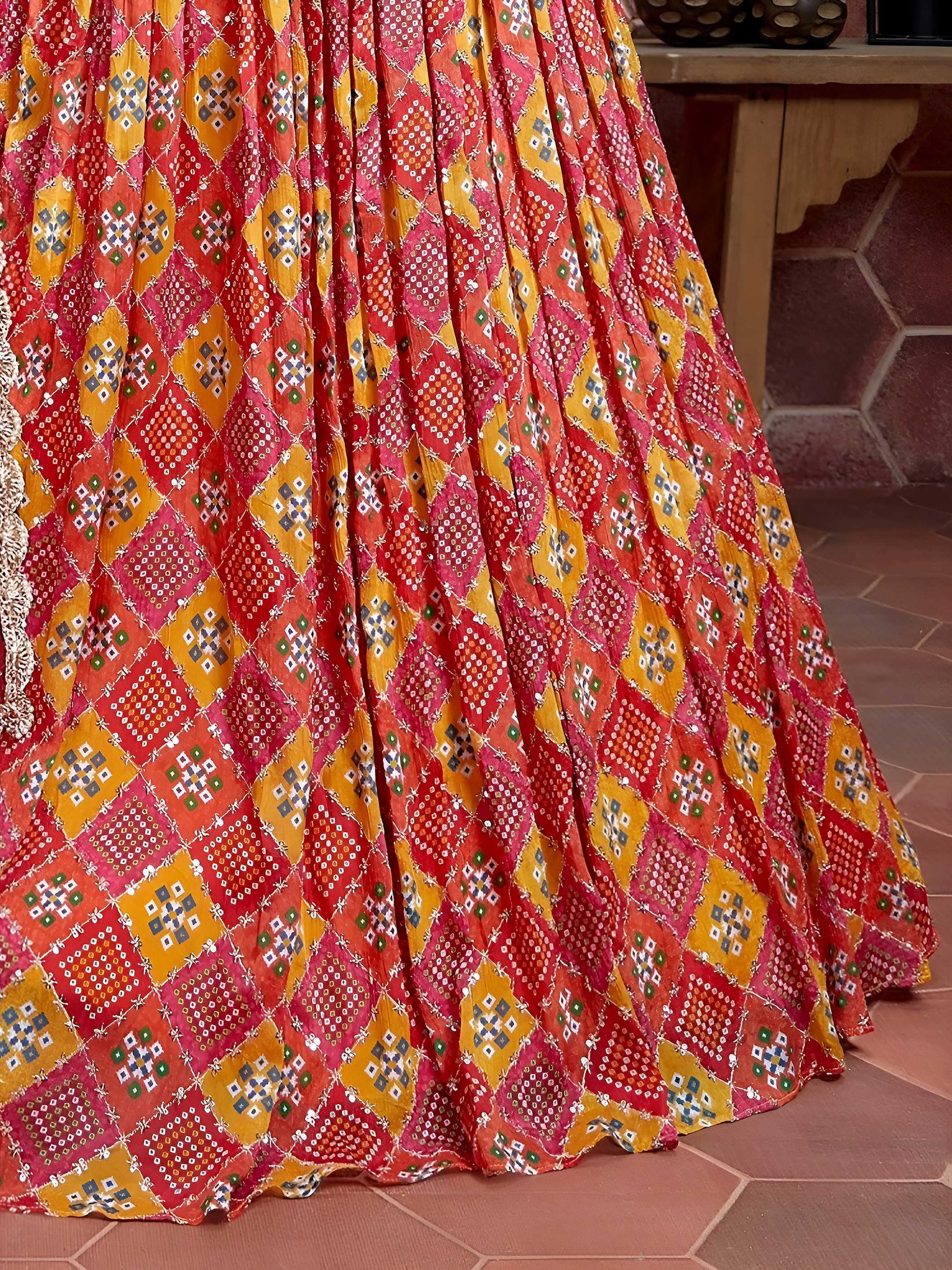 Glamorous Red Chinon Digital Print Designer Wear Lehenga Choli