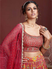 Glamorous Red Chinon Digital Print Designer Wear Lehenga Choli