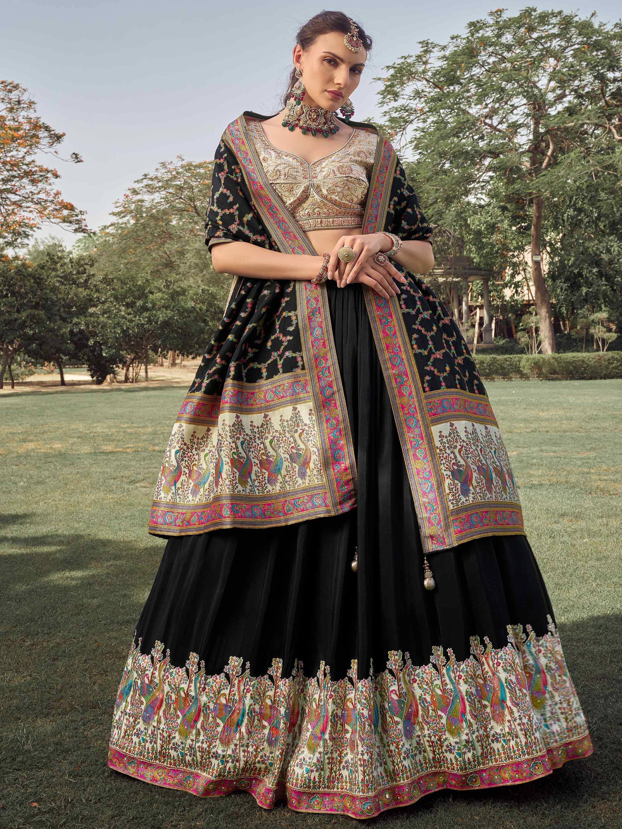 Incredible Black Embroidered Silk Festive Wear Lehenga Choli 