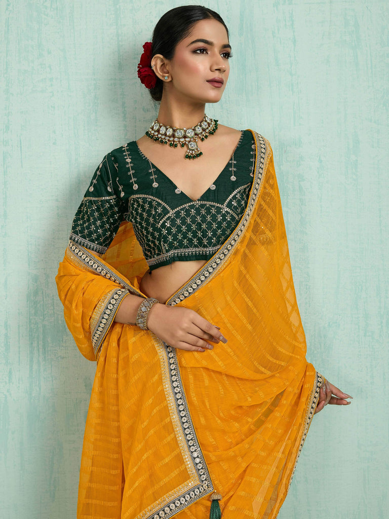 Classic Yellow Chiffon Festive Wear Saree With Embroidered Blouse
