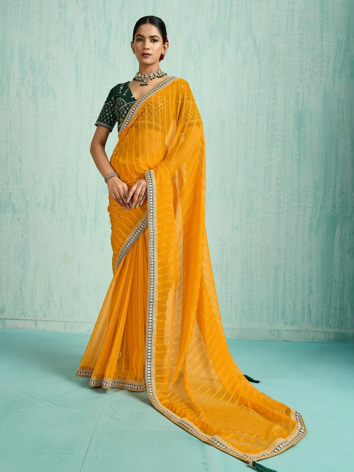 Classic Yellow Chiffon Festive Wear Saree With Embroidered Blouse