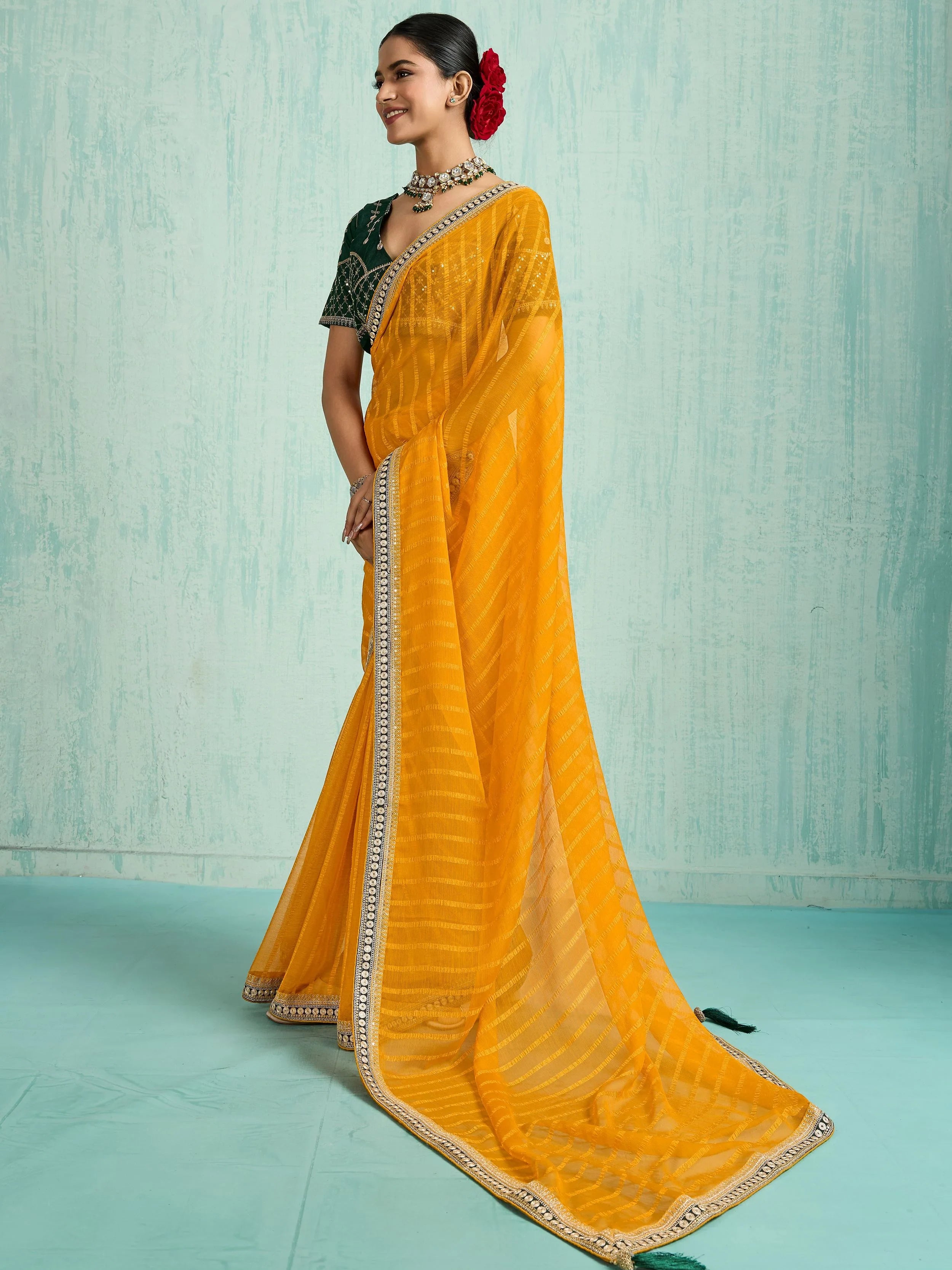 Classic Yellow Chiffon Festive Wear Saree With Embroidered Blouse