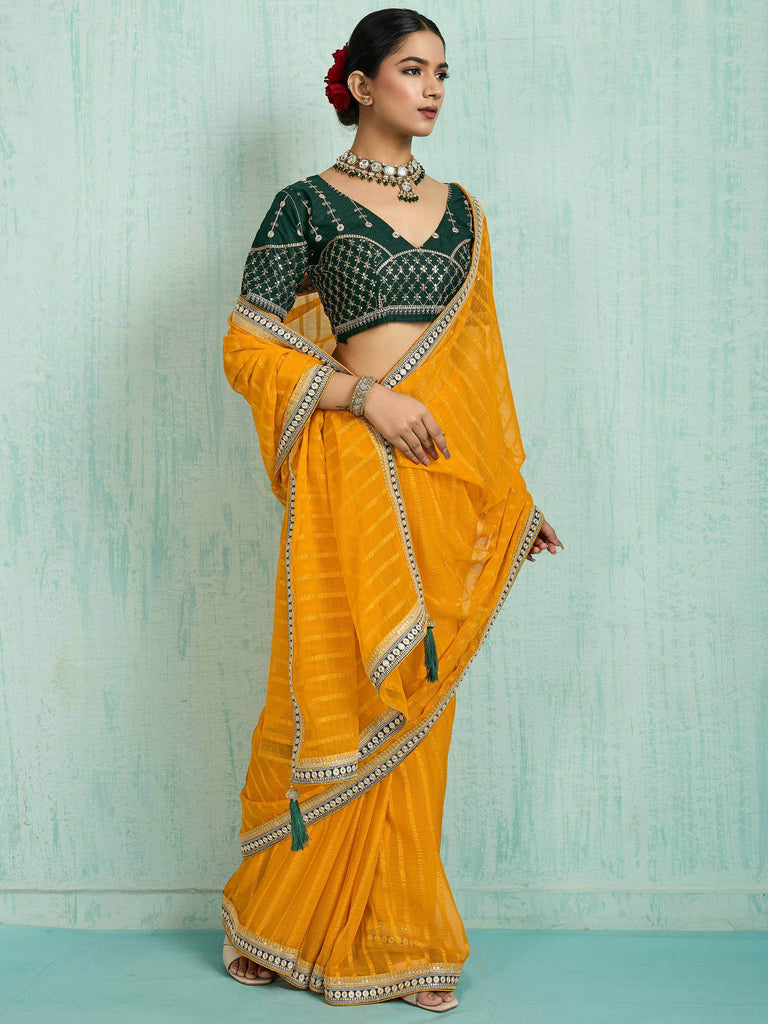 Classic Yellow Chiffon Festive Wear Saree With Embroidered Blouse