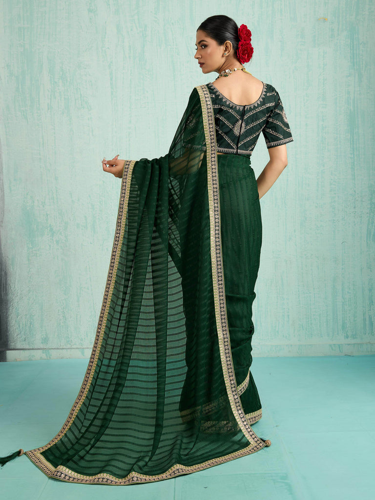 Alluring Green Chiffon Wedding Wear Saree With Embroidered Blouse