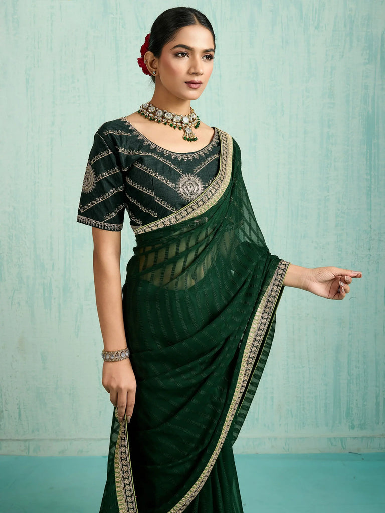 Alluring Green Chiffon Wedding Wear Saree With Embroidered Blouse