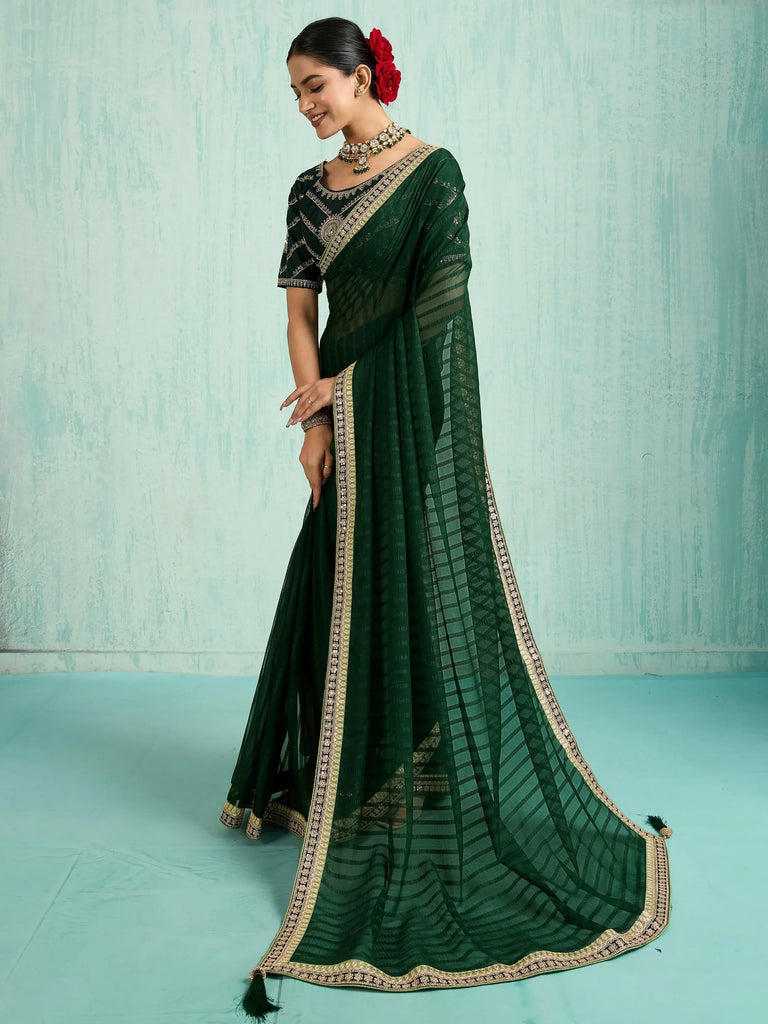 Alluring Green Chiffon Wedding Wear Saree With Embroidered Blouse