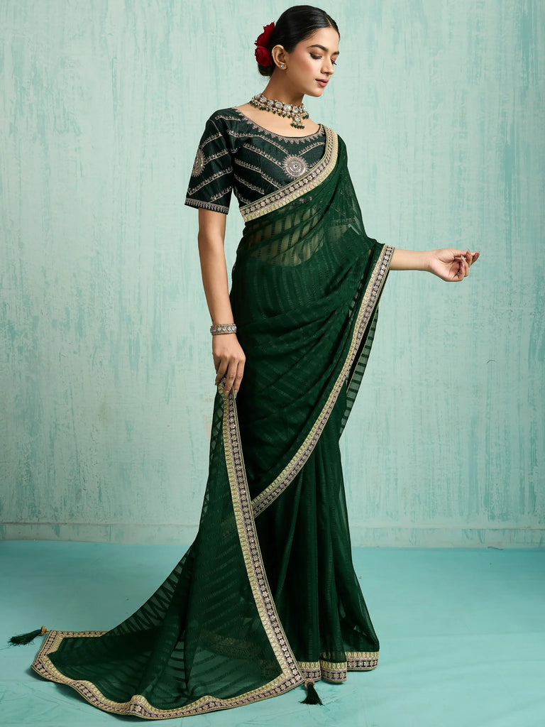 Alluring Green Chiffon Wedding Wear Saree With Embroidered Blouse