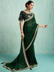 Alluring Green Chiffon Wedding Wear Saree With Embroidered Blouse