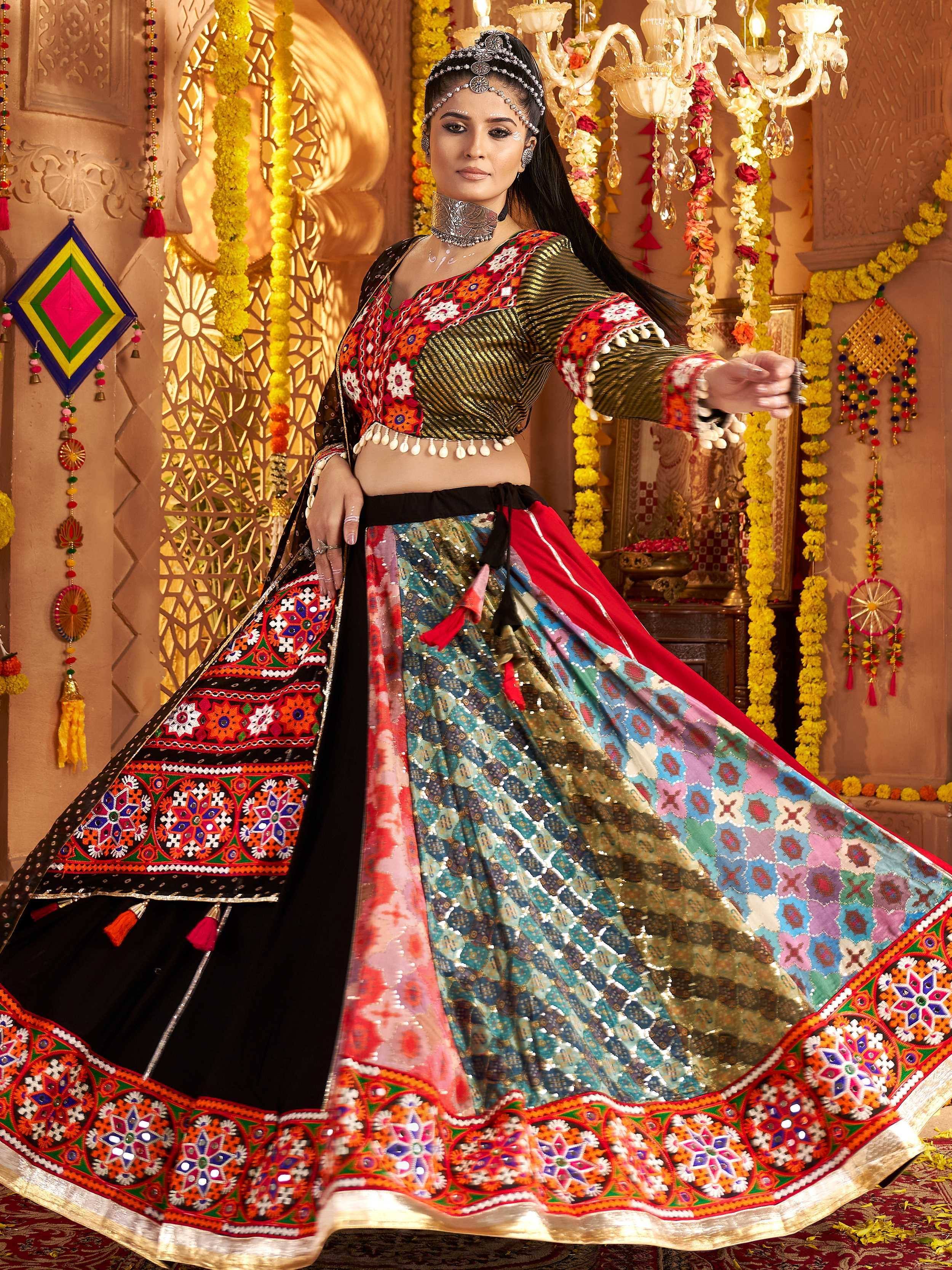 Colorful Indian ethnic lehenga choli with mirror work, perfect for festive occasions and celebrations.