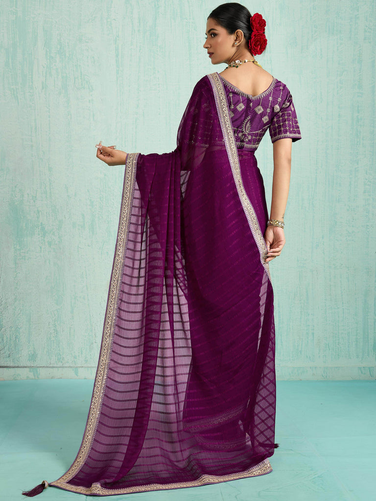 Amazing Purple Chiffon Function Wear Saree With Embroidered Blouse