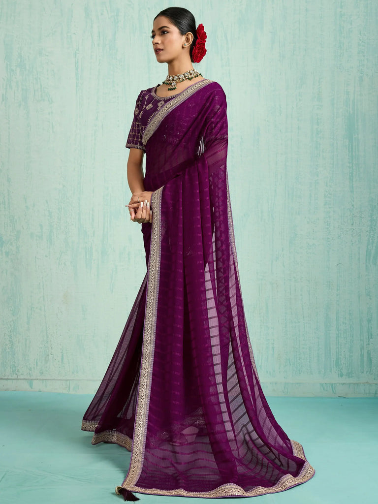 Amazing Purple Chiffon Function Wear Saree With Embroidered Blouse