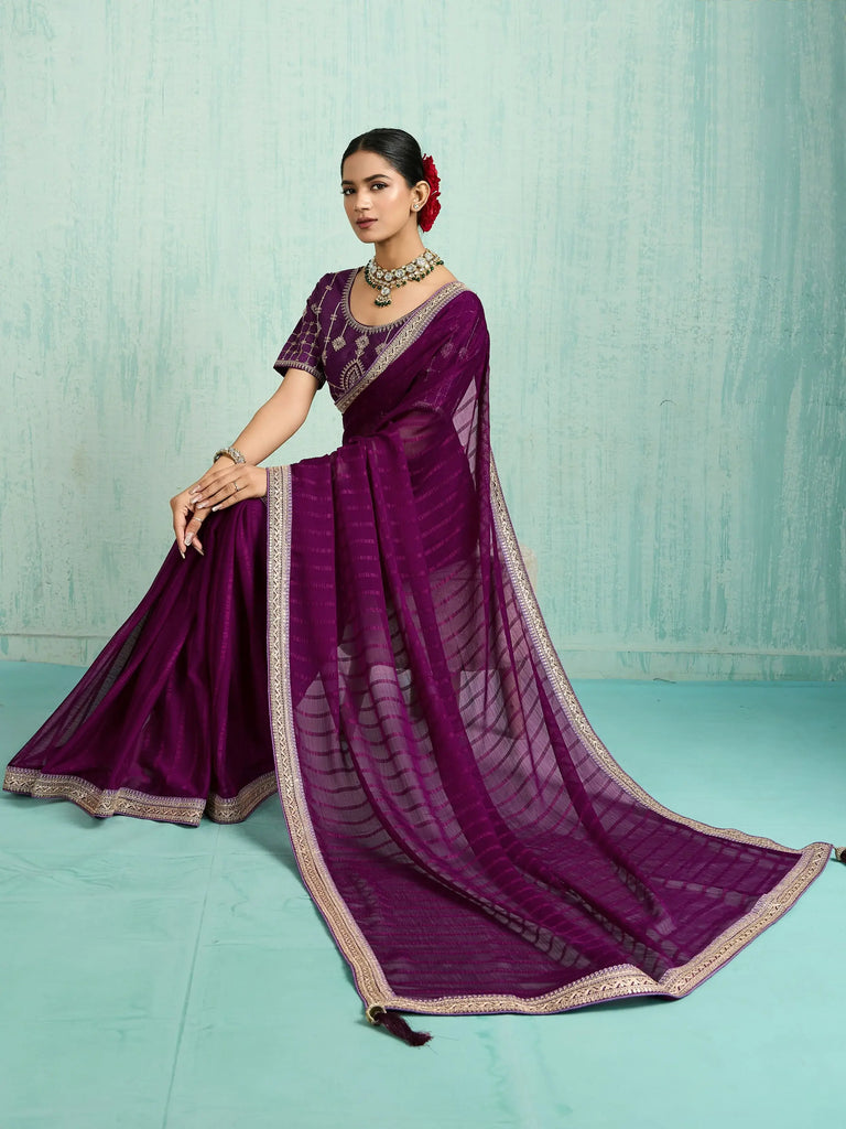 Amazing Purple Chiffon Function Wear Saree With Embroidered Blouse