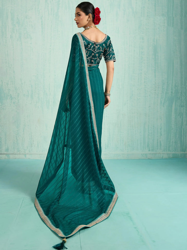 Beautiful Green Chiffon Wedding Wear Saree With Embroidered Blouse
