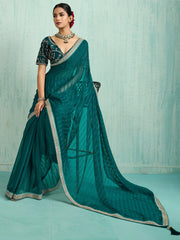 Beautiful Green Chiffon Wedding Wear Saree With Embroidered Blouse