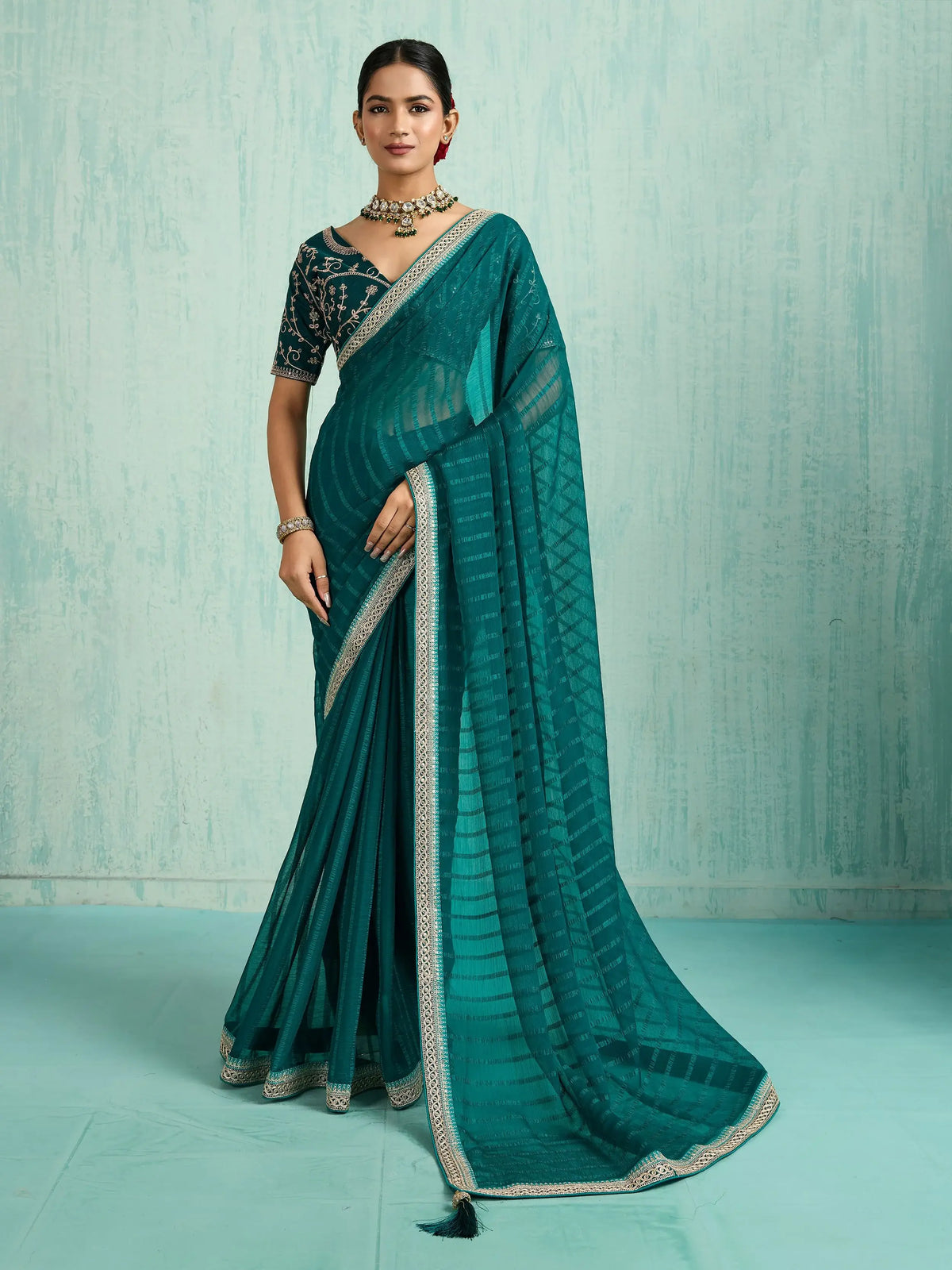 Beautiful Green Chiffon Wedding Wear Saree With Embroidered Blouse