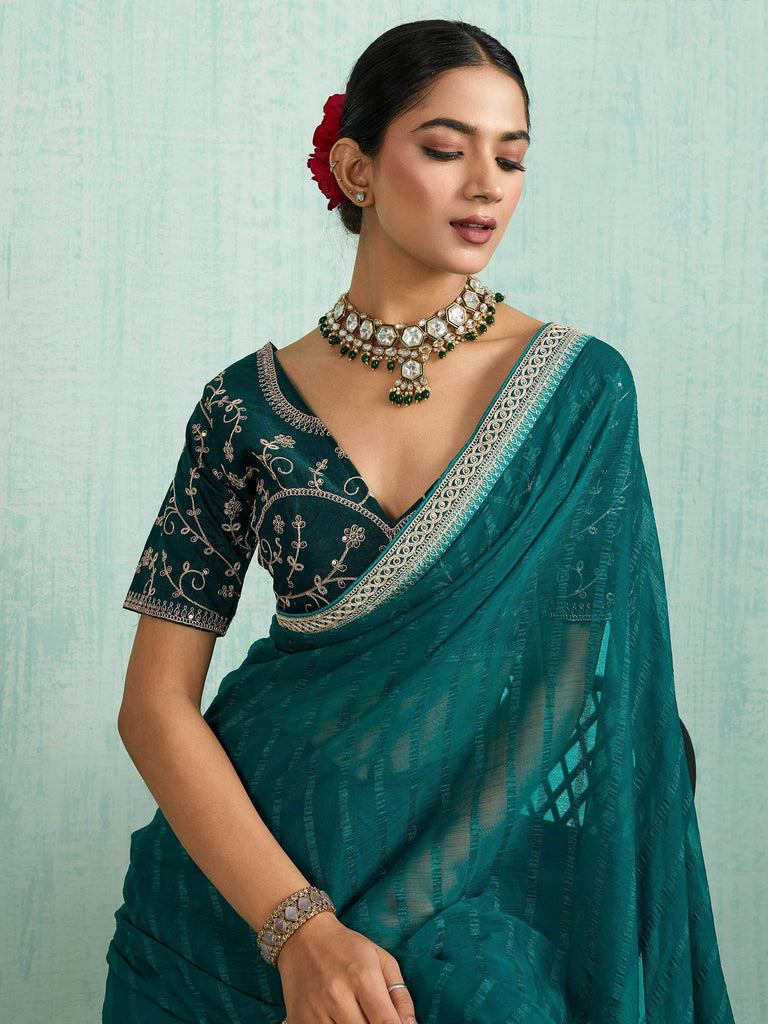 Beautiful Green Chiffon Wedding Wear Saree With Embroidered Blouse