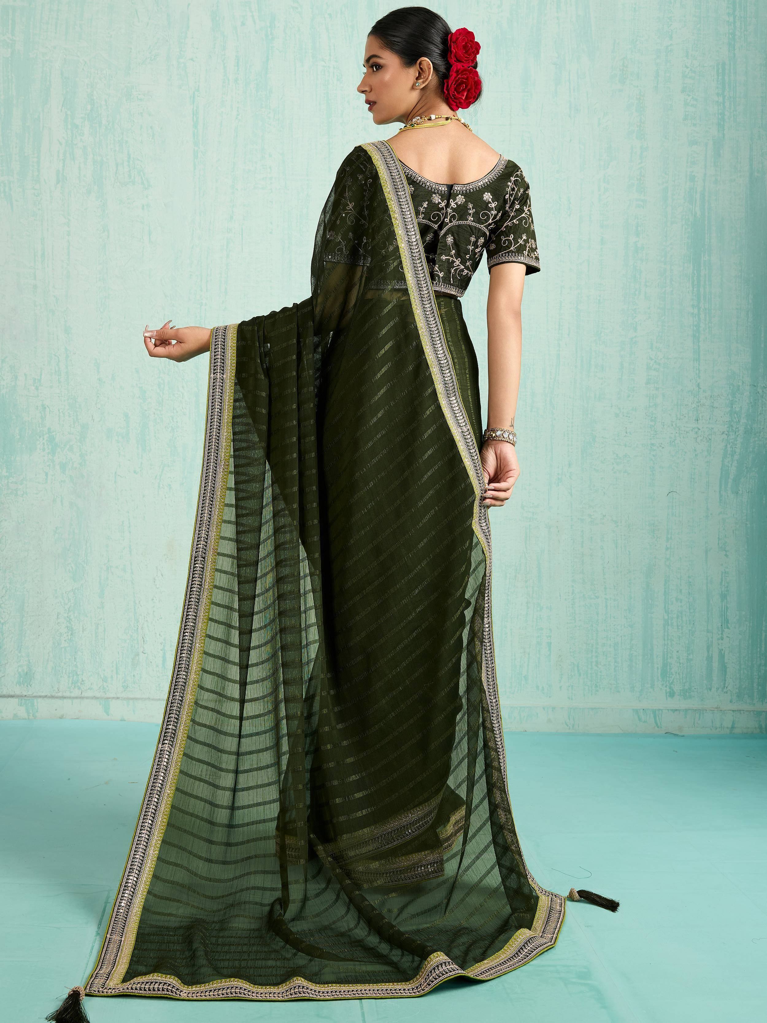 Charming Green Chiffon Mehendi Wear Saree With Embroidered Blouse