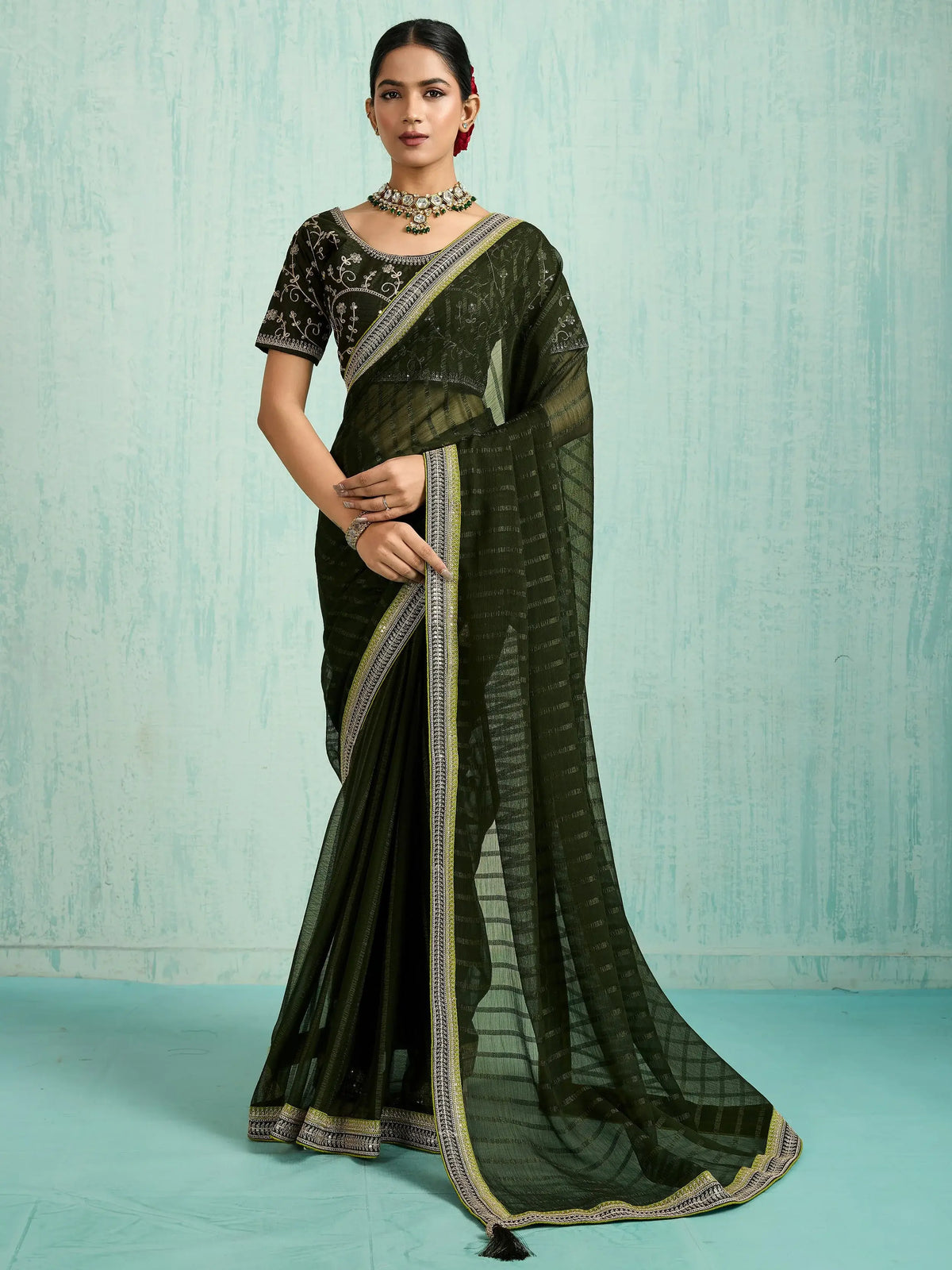 Charming Green Chiffon Mehendi Wear Saree With Embroidered Blouse