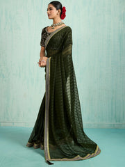 Charming Green Chiffon Mehendi Wear Saree With Embroidered Blouse