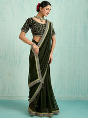 Charming Green Chiffon Mehendi Wear Saree With Embroidered Blouse