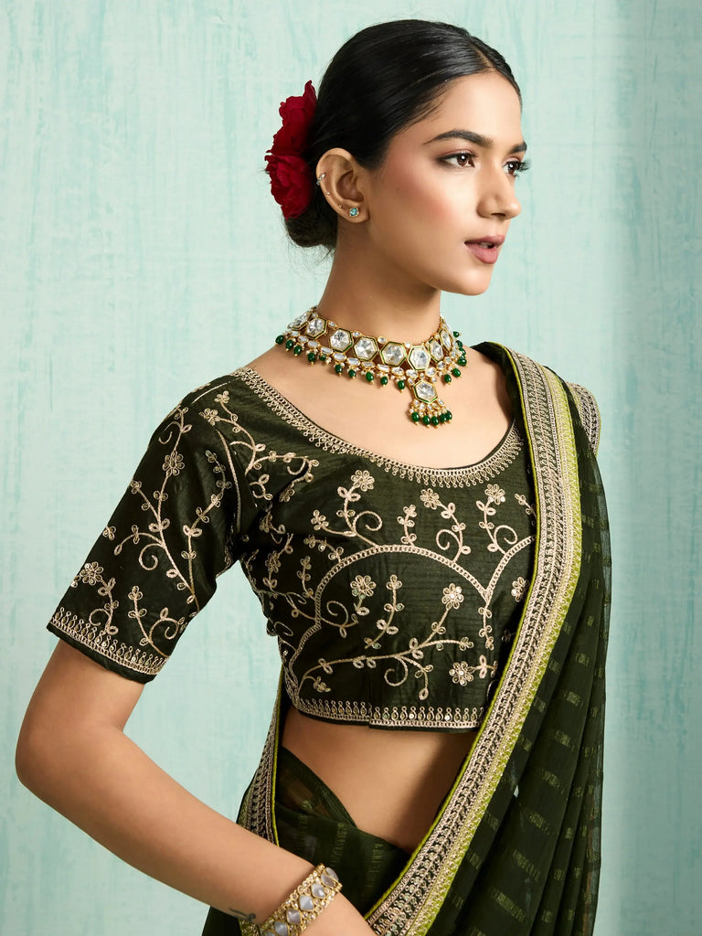 Charming Green Chiffon Mehendi Wear Saree With Embroidered Blouse