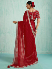 Dazzling Red Chiffon Wedding Wear Saree With Embroidered Blouse