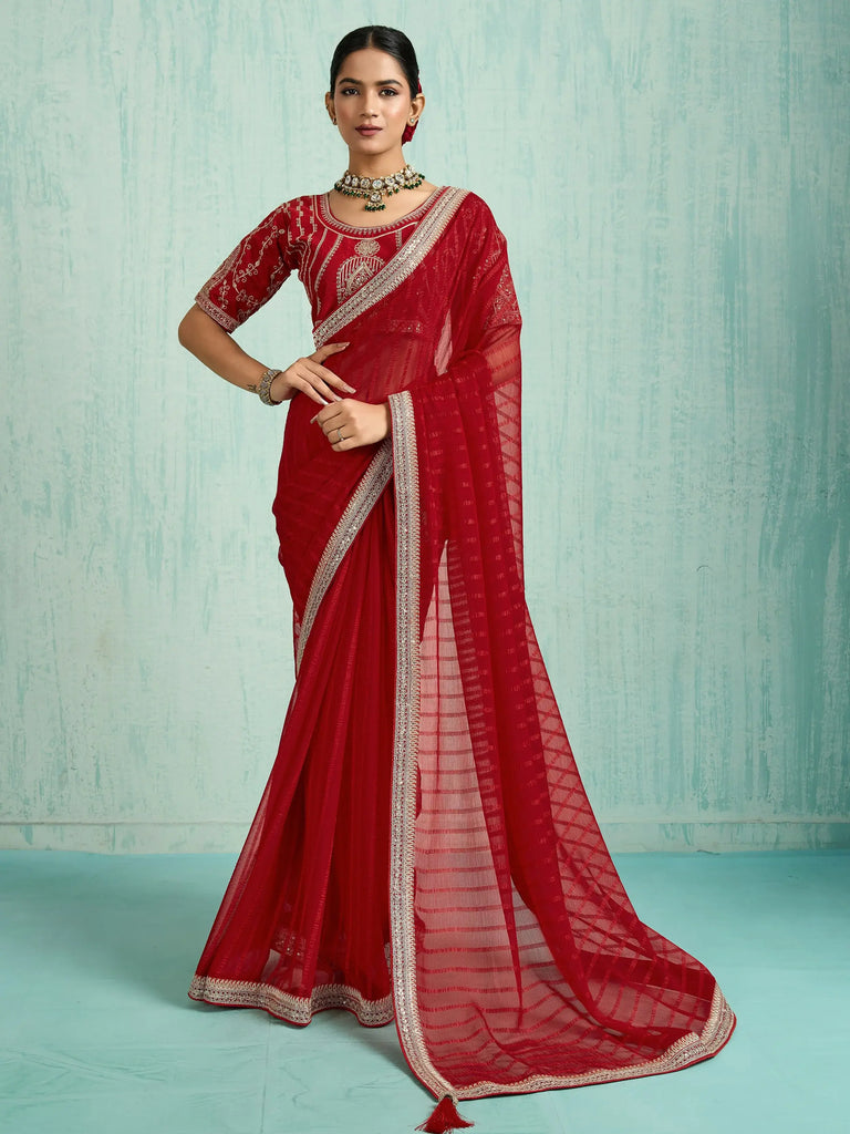 Dazzling Red Chiffon Wedding Wear Saree With Embroidered Blouse