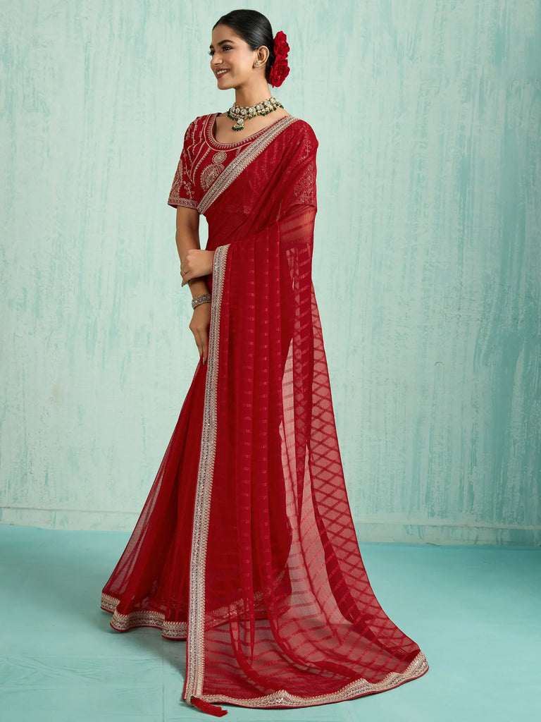 Dazzling Red Chiffon Wedding Wear Saree With Embroidered Blouse