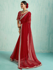 Dazzling Red Chiffon Wedding Wear Saree With Embroidered Blouse