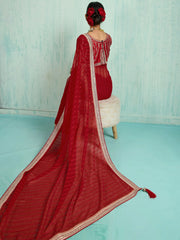 Dazzling Red Chiffon Wedding Wear Saree With Embroidered Blouse