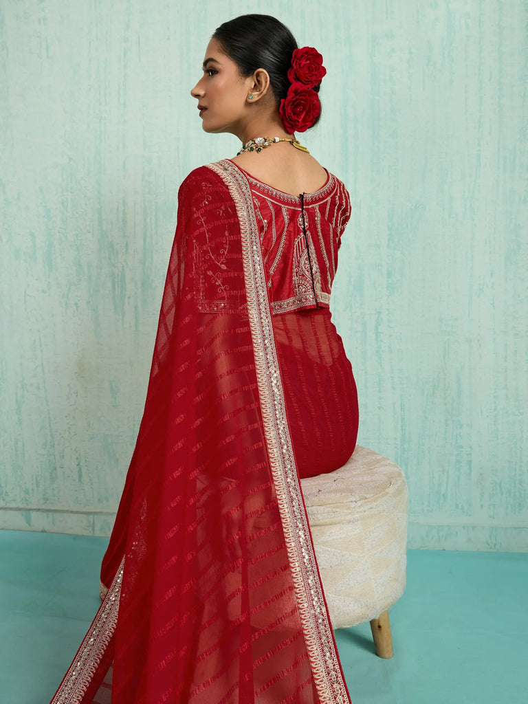 Dazzling Red Chiffon Wedding Wear Saree With Embroidered Blouse