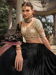 Incredible Black Embroidered Silk Festive Wear Lehenga Choli  